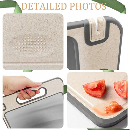 Tibo Cutting Board, 14.3"×9.8" Tibo Titanium Cutting Board with Built-In Knife Sharpener, Double Sided Chopping Board with Grinding Tank, Easy to Clean (1side titanium other side wheat straw)