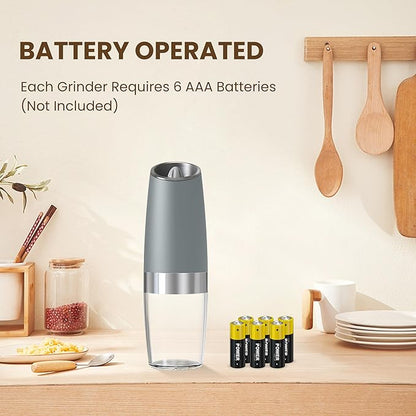 Gravity Electric Salt And Pepper Grinder Set, Automatic Salt And Pepper Grinder Set, Battery Powered (6 AAA Batteries Each), Adjustable Roughness, LED Light, 2 Pack, (Light Grey) - Image 2