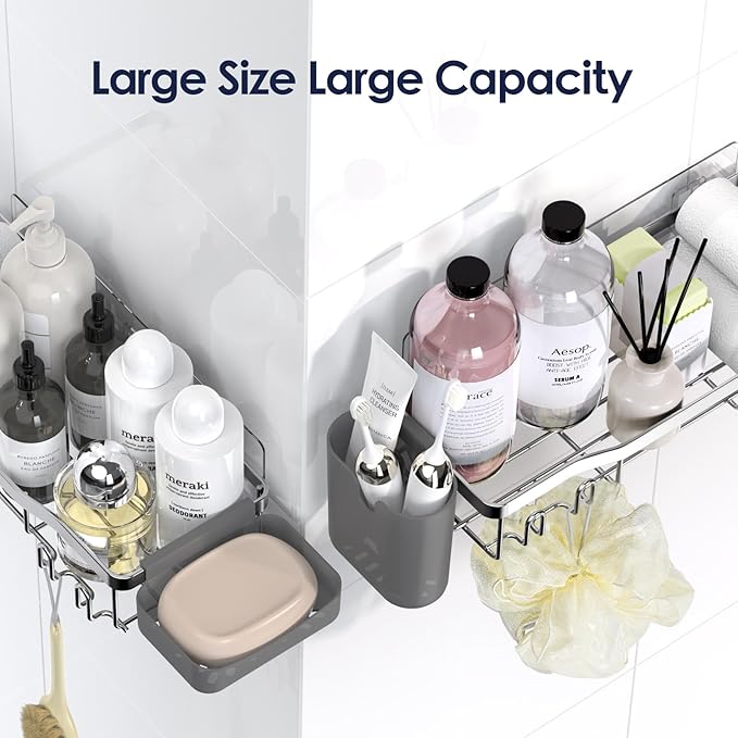 NESOMI Shower Caddy Adhesive Shower Organizer 8-Pack, Rustproof Stainless Steel Bathroom Shelves, Large Capacity No-Drill Rack Storage Accessories with Soap Dish Toothbrush Holder Hooks - Image 9