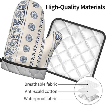 Boho Oven Mitts Set – Vintage Floral Pot Holders Kitchen Gloves for Women Bohemian Kitchen Mitts Potholders Set of 2 Durable for Cooking & Baking - Image 4