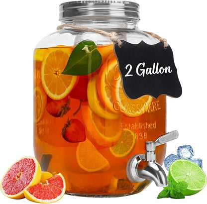 2 Gallon Glass Beverage Dispenser with Lid, Stainless Steel Spigot, Glass Drink Dispensers for Parties, Lemonade Dispenser With Ice Cylinder for Weddings, Party,Sun Tea Jar, Water Juice Dispensers by Goldfishwa