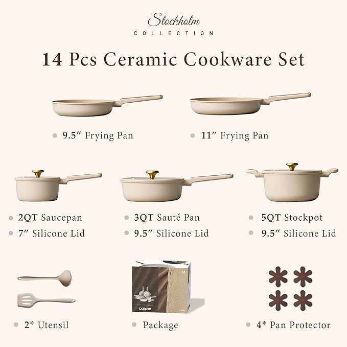 CAROTE Ceramic Cookware Set Nonstick, 14pcs Pots and Pans Set Nonstick, Non-Toxic & PFAS-Free, Dishwasher, RV/Camping Cookware Set, Cooking Pots with Lids, Light Taupe - Image 2