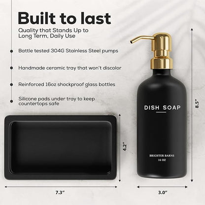 Luxury Glass Hand and Dish Soap Dispenser Set by Brighter Barns - Black and Gold Soap Dispenser Set for Kitchen Sink - Modern Kitchen Decor and Accessories for Restaurant, Airbnb, Gift (Black/Gold) - Image 3