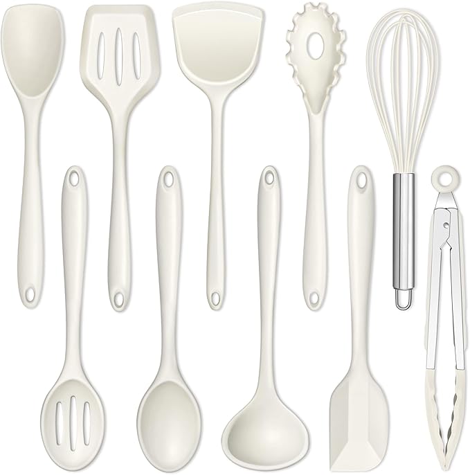 E-far 10 Pieces Silicone Cooking Utensils Set, Heat Resistant Kitchen Utensil Set for Nonstick Cookware, Kitchen Cooking Tools with Spatula, Spoon, Slotted Turner, Non-Toxic & Dishwasher Safe (White) by E-far