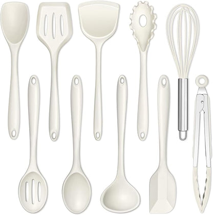 E-far 10 Pieces Silicone Cooking Utensils Set, Heat Resistant Kitchen Utensil Set for Nonstick Cookware, Kitchen Cooking Tools with Spatula, Spoon, Slotted Turner, Non-Toxic & Dishwasher Safe (White) by E-far