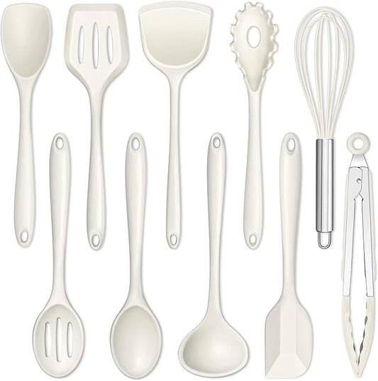 E-far 10 Pieces Silicone Cooking Utensils Set, Heat Resistant Kitchen Utensil Set for Nonstick Cookware, Kitchen Cooking Tools with Spatula, Spoon, Slotted Turner, Non-Toxic & Dishwasher Safe (White) by E-far