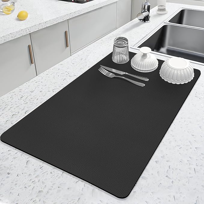 LOPNUR Kitchen Dish Drying Mat, 24"x16" Large Dish Drying Mats for Kitchen Counter, Diatomite Coffee Mat, Super Absorbent Dish Drying Pad, Heat Resistant Mat with Anti-slip Rubber Backed, Black by LOPNUR