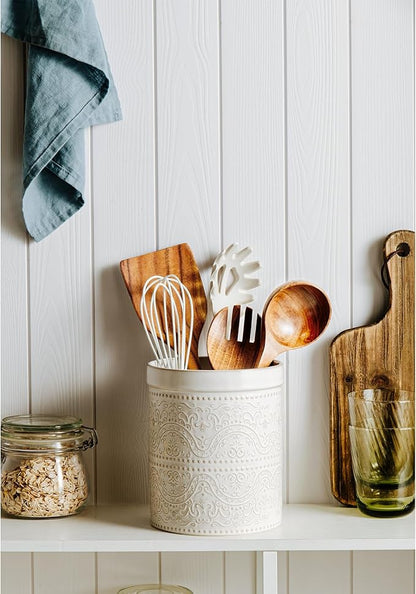 Kitchen Utensil Holder, 7 Inches Large Ceramic Utensil Holder for Countertop, Lace Emboss Cooking Utensil Crocks for Kitchen, Home Decor, Off-White - Image 3