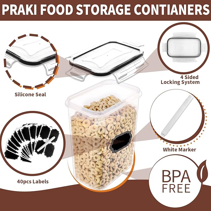 PRAKI Airtight Food Storage Containers Set with Lids - 24 PCS, BPA Free Kitchen and Pantry Organization, Plastic Leak-proof Canisters for Cereal Flour & Sugar - Labels & Marker - Image 3