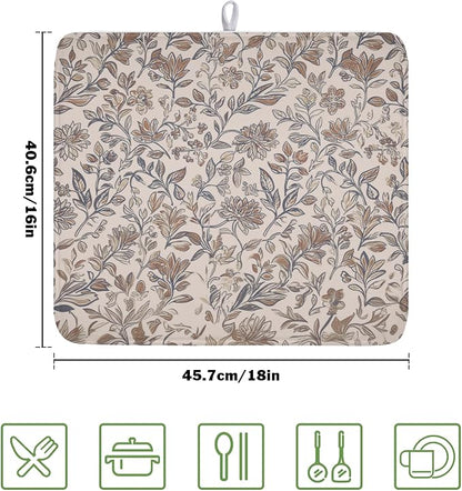 Vintage Floral Dish Drying Mat for Kitchen Counter Brown Antique Flower Microfiber Dish Drainer Mat Rustic Neutral Absorbent Washable Drying Pad 16"x18"