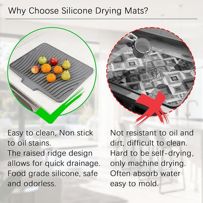 Silicone Drying Mat, 16"X13" With Built-in Drain Lip,Heat-Resistant,Eco-friendly,Hygienic Drying Pad,Leak-Proof and Non-Slip,Silicone Dish Drying Mat for Kitchen Counter or Sink（Gray 16X13） - Image 5