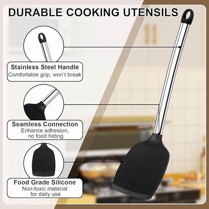 Vayvnt Silicone Cooking Utensils Set for Nonstick Cookware, 4 PCS Kitchen Silicone Spatula and Spoon Set with Stainless Steel Handle, Heat Resistant Kitchen Utensils, Dishwasher Safe, Black