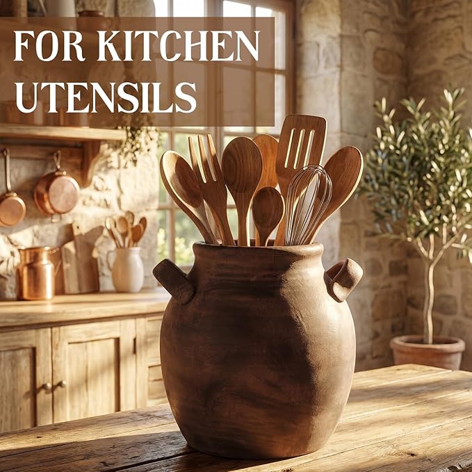 Havawish Rustic Kitchen Utensil Holder for Countertop - Farmhouse Ceramic Utensil Crock with Handle for Spatulas Vintage Kitchen Utensils Holder Cooking Organizer, Fit Ladle, Eggbeater(Dark Brown)