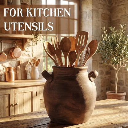 Havawish Rustic Kitchen Utensil Holder for Countertop - Farmhouse Ceramic Utensil Crock with Handle for Spatulas Vintage Kitchen Utensils Holder Cooking Organizer, Fit Ladle, Eggbeater(Dark Brown)