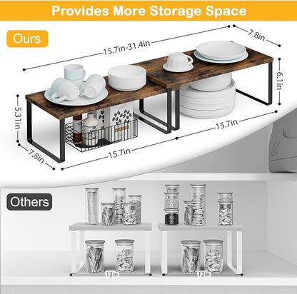 OGEMXU Cabinet Shelf Organizers, 15.7 inches Large Kitchen Counter Shelf, Set of 4 Wood Kitchen Pantry Organizer, Storage Shelves for Countertop, Spice Rack, Stackable, Expandable, Metal Black, Brown - Image 2