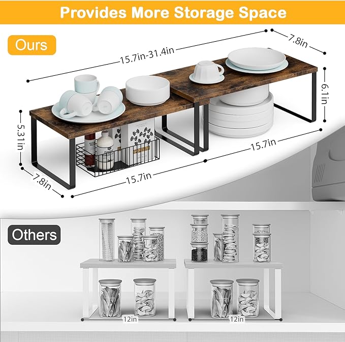 OGEMXU Cabinet Shelf Organizers, 15.7 inches Large Kitchen Counter Shelf, Set of 2 Wood Kitchen Pantry Organizer, Storage Shelves for Countertop, Spice Rack, Stackable, Expandable, Metal Black, Brown - Image 2