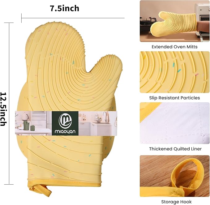 4 Pieces Oven Mitts and Pot Holders of Macaron Color Thickened Non-Slip Silicone Kitchen Gloves, Heat Resistant up to 500F, Essential for Kitchen Baking(makal-Huang) - Image 2