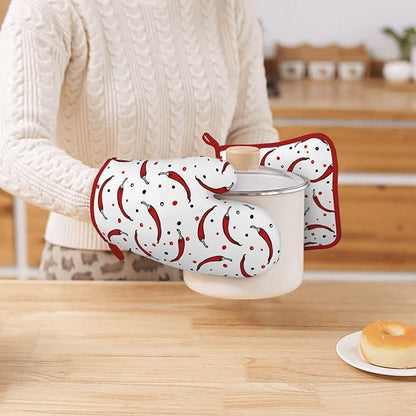 Pepper Silicone Oven Mitts Pan Mats Set of 2, Heat Resistant Gloves Potholder with Non-Slip Grips Hanging Loops Pot Holder, Spring Summer for Chef Cooking, Baking, Grilling, BBQ