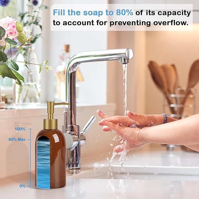 Natheeph 14OZ Ceramic Soap Dispenser Ceramic Soap Pump Dispenser Can Fill Liquid for Bathroom/Kitchen (Amber) - Image 3