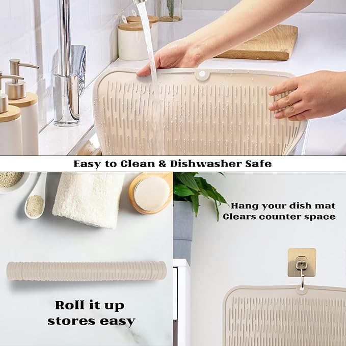ZLR Large Silicone Dish Drying Mat (16" x 18") - XL Heavy Duty Drainboard Mat for Pots, Pans & Family Loads - Heat Resistant Trivet & Counter Protector, Easy Clean (Cassava White) - Image 4
