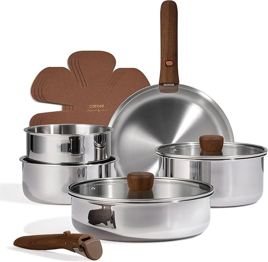 CAROTE 13pcs Tri-Ply Stainless Steel Cookware Set with Detachable Handle, Pots and Pans Set, Induction Kitchen Cooking Sets, RV/Camping Cookware, Oven Safe, Woodgrain Style by CAROTE