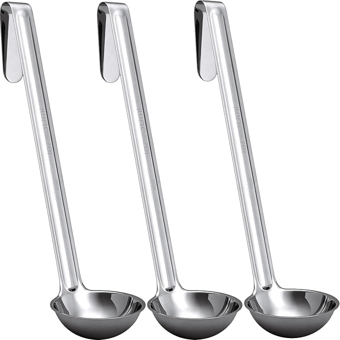 Super Sturdy, Ergonomic 1 Oz. Soup Ladle 3 Pk. Stainless Steel Ladles with Long Handles. Best Kitchen Accessories for Stirring, Portioning and Serving Soups, Chili and Stew in Restaurants and at Home by FoodRestaurantSupplies