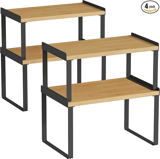 Goozii Cabinet Shelf Organizer Set of 4, Kitchen Counter Shelf Riser for Plates Dishes Cups Mugs Spices, Pantry Cupboard Cabinet Organizers and Storage Shelves Rack Insert for Countertop (Bamboo Wood)