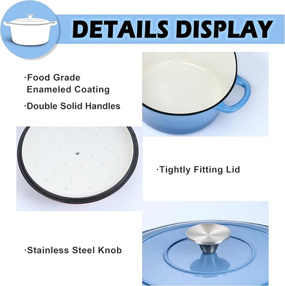 TeamFar 3qt Dutch Oven, Small Enameled Cast Iron Dutch Oven Pot with Lid, For Bread Baking/Stewing/Braising/Frying, Various Stoves & Oven Safe, Non-stick & Easy Clean, Blue - Image 3