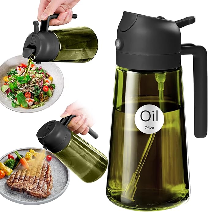 YARRAMATE 16oz/470ml Light-Blocking Dark Oil Sprayer for Cooking, 2 in 1 Olive Oil Dispenser Bottle for Kitchen, Premium Dark Green Glass Oil Bottle, Food-Grade Oil Mister for Air Fryer, BBQ (Black) by YARRAMATE