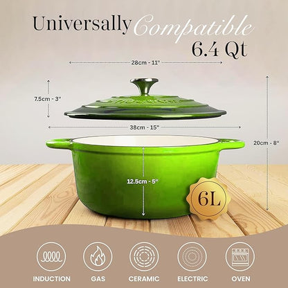 Nuovva Enamelled Cast Iron Dutch Oven Pot with Lid – 6.4 Quart Non Stick Casserole Pot – Heavy Duty & Oven Safe up to 500° F for Bread Baking, Braising, Stews, Roasting – 28cm Green - Image 2