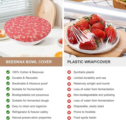 Reusable Bowl Covers for Bread Proofing - Beeswax Bowl Covers Reusable 3 Set, Cotton Blend Stretch Design, Fits 4-13 Inch Bowls, Shower Caps for Sourdough Bread, Dough Proofing & Food Storage（Leaves）