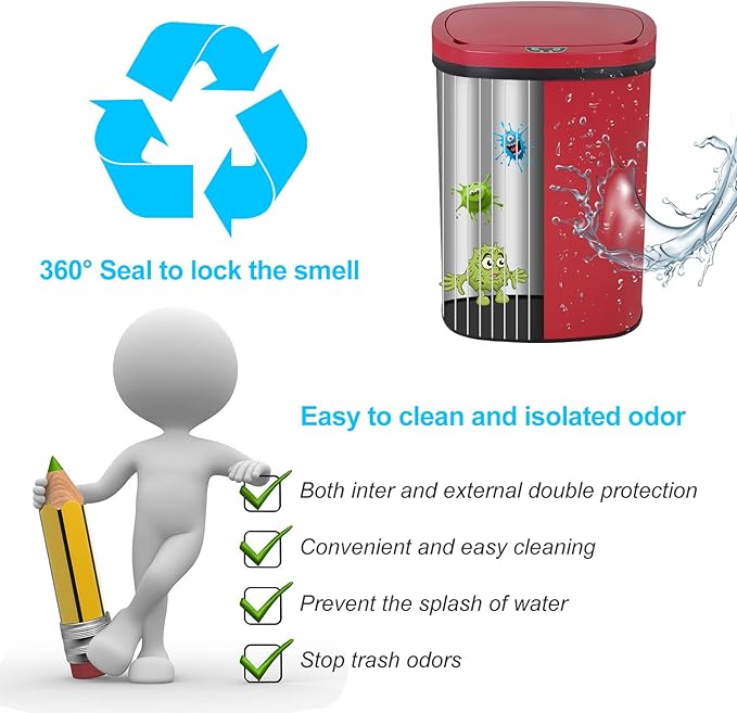 Bigacc 13 Gallon 50L Touch Free Automatic Stainless Steel Trash Can Garbage Can Metal Trash Bin with Lid for Kitchen Living Room Office Bathroom, Electronic Motion Sensor Automatic Trash Can - Red - Image 4