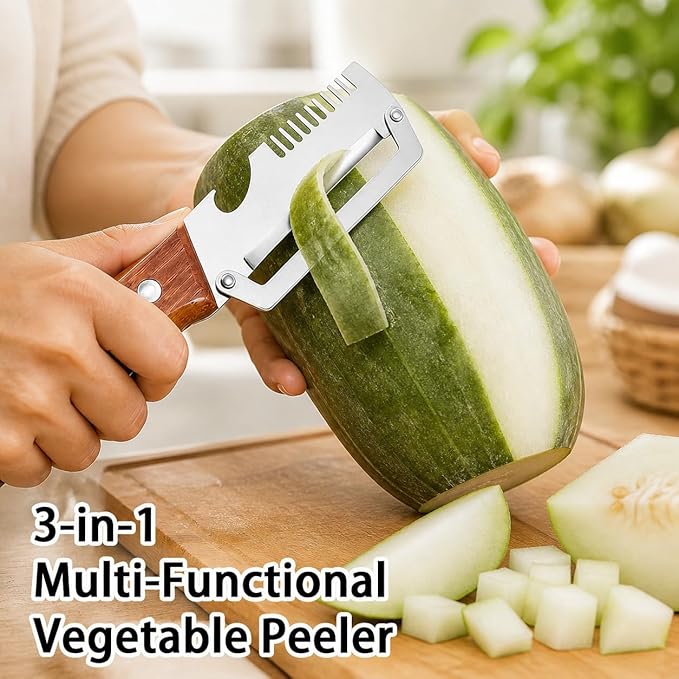 2 Pack MultiFunctional Vegetable Peeler,3 in 1 Multi Functional Wooden Handle Peeler and Bottle Opener,Peeler Knife for Fruit Pumpkin Peeling Potato Carrot Veggie Peeler - Image 2
