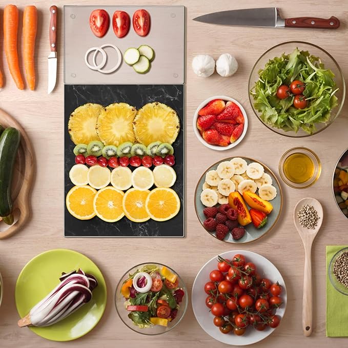 JAMBALAY Tempered Glass Cutting Board for Kitchen, 16"x12" Black Marble Glass Cutting Board with Design, Glass Chopping Board with Non Slip Feet, Heat & Shatter Resistant, Dishwasher Safe