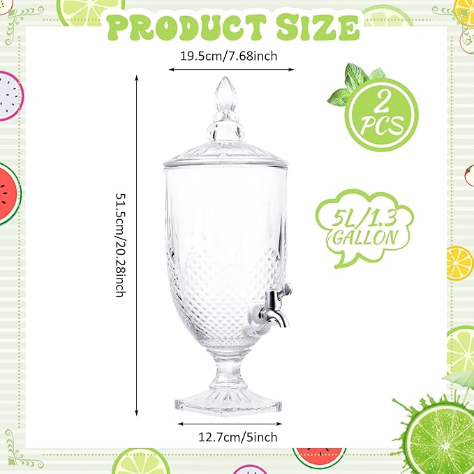 Bokon 2 Pieces Drink Dispensers for Parties Crystal Iced Beverage Dispenser with Stand and Spigot, Glass Liquid Containers Wide Mouth Beverage Server for Juice Tea Wedding (Exquisite) - Image 2
