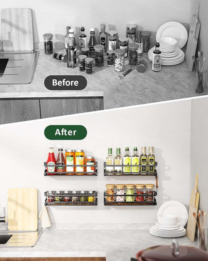 Doakhirmit Wall Mounted Spice Rack with 16 Hooks, Rustic Wood Spice Organizer Shelf for Stove Cabinet Pantry Door,Screw or Adhesive Hanging Spice Shelf,Wall Spice Rack in Kitchen and RV,2 Pack - Image 7