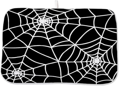 Halloween Spiderweb Dish Drying Mat 18 x 24 inch Halloween Scary Themed Black White Spider Web Decorative Drying Mats Microfiber Absorbent Dish Washable Draining Mat for Kitchen Counter