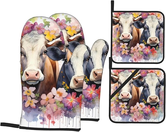 Watercolor Cows Oven Mitts and Pot Holders Sets Daisy Flower Kitchen Oven Gloves Heat Resistant 500 Degrees Oven Mitt and Hot Pad for Cooking BBQ Baking Grilling by UOYO