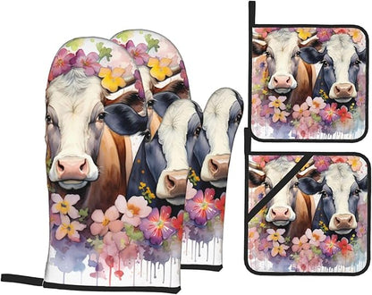 Watercolor Cows Oven Mitts and Pot Holders Sets Daisy Flower Kitchen Oven Gloves Heat Resistant 500 Degrees Oven Mitt and Hot Pad for Cooking BBQ Baking Grilling by UOYO
