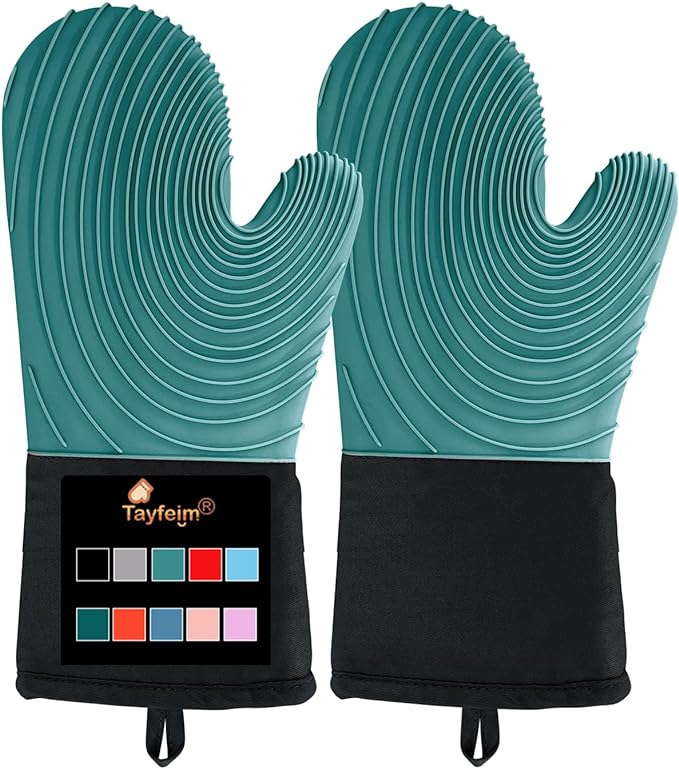 Silicone Oven Mitts-13.6 in Extended Oven Mitts Heat Resistant 500F, Oven Gloves with Soft Liner Good Grippy BPA-Free Easy to Clean Flexible-Oven Mits Set for Cooking Baking Grilling BBQ by Tayfeim