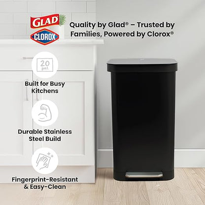 Glad Stainless Steel Step Trash Can, Series 2 with Clorox Protection - Large Black Kitchen Garbage Bin with Soft Close Lid, Foot Pedal and Waste Bag Roll Holder, 20 Gallon - Image 9
