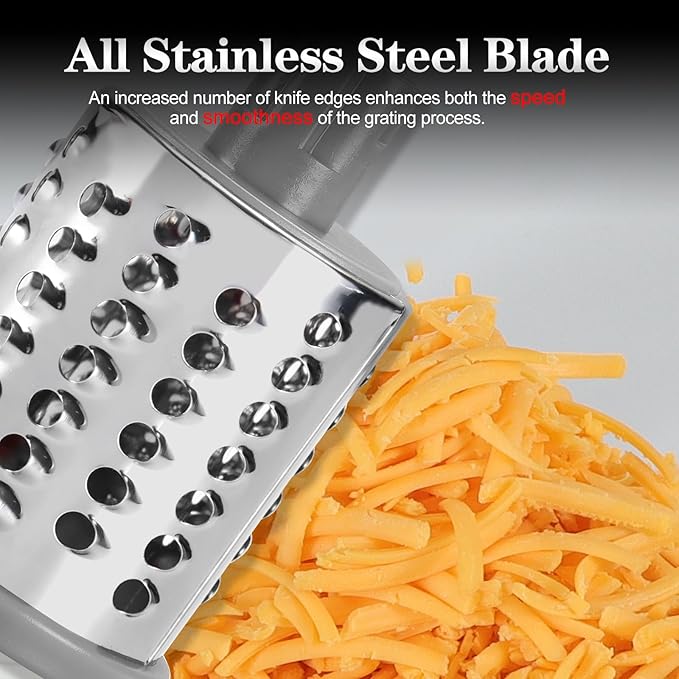 Ourokhome Rotary Cheese Grater Hand Crank, Kitchen Shredder Speed Mandolin Slicer Nuts Grinder with Handle and Drum Blades for Cheese, Vegetable, Walnuts, Chocolate, Potato, Carrot, 3 Blades, White - Image 8