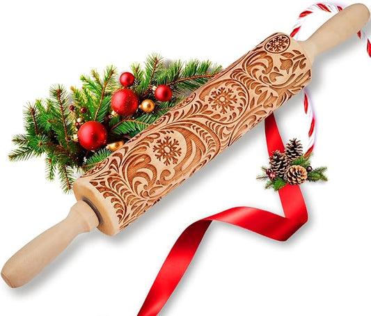 Christmas Gifts Wooden Embossed Rolling Pin for Baking, Stocking Stuffers Gifts for Women, Deep Engraved Embossing Rolling Pins with Snow Pattern Designs for Baking Cookies Stamps Roller DIY Tools by TIETOC