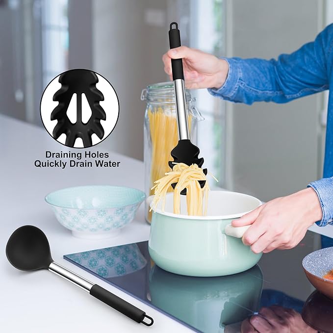 TeamFar Silicone Pasta Fork and Ladle Spoon Set, 2 Pcs Large Nonstick Kitchen Utensils with Stainless Steel Handle for Cooking, Draining, Serving Soup, Sauce, Spaghetti, Healthy & Heat-Proof, Black - Image 5
