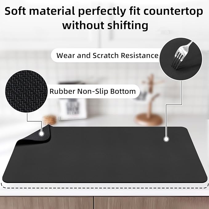 LOPNUR Kitchen Dish Drying Mat, 31.5"x17" Extra Large Dish Drying Mats for Kitchen Counter, Diatomite Coffee Mat Super Absorbent Dish Drying Pad, Heat Resistant Mat with Anti-slip Rubber Backed, Black - Image 4