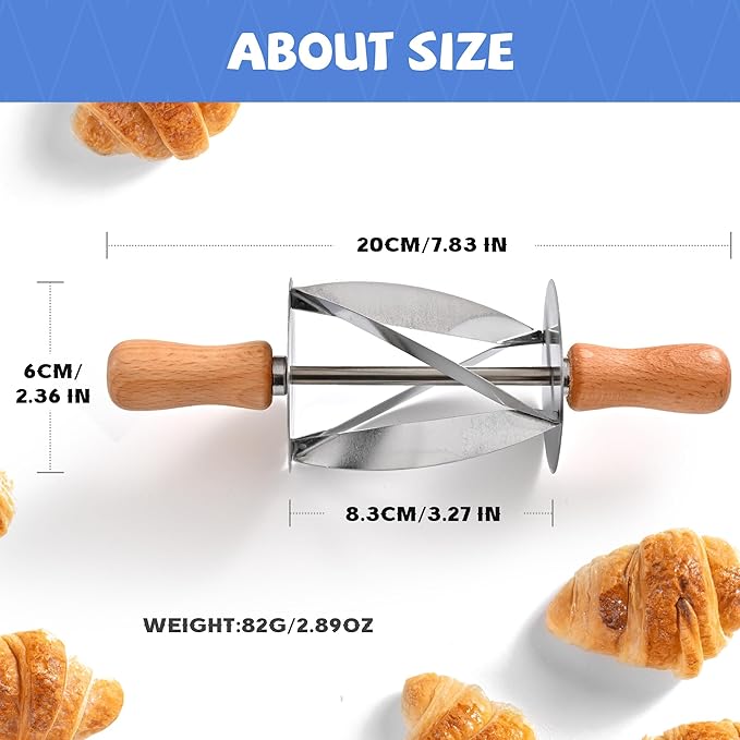 Stainless Steel Croissant Cutter, Irregular Roller Cutter with Wooden Handle, Useful Kitchen Baking Tool