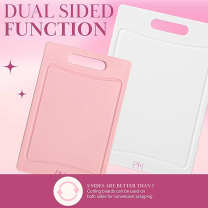 Paris Hilton Cutting Boards, Dual-Sided Cutting Board Set with Built-in Juice Grooves, Easy-Grip Handles, Heavy-Duty Plastic Made without BPA, Dishwasher Safe, 3-Piece Set, Pink and Cream - Image 4