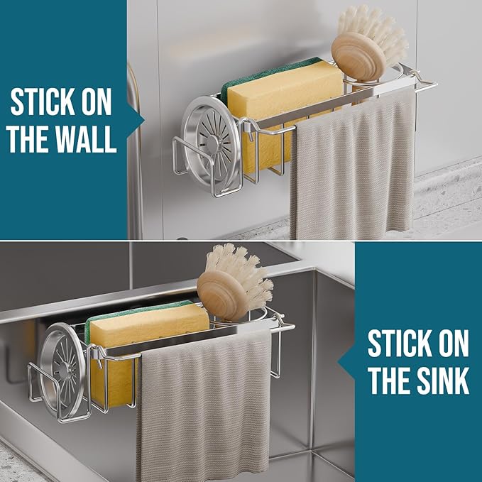 TAILI Sponge Holder with Strong Suction Cup, 4-in-1 Rustproof Sink Organizer - Sink Caddy Holds Sponges, Brushes, Stoppers & Scrapers -Silver - Image 6