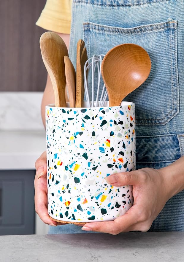 Nucookery Utensil Holder, 6.4" Ceramic Kitchen Utensil Holder for Countertop with Protection Cork Bottom, Vintage Farmhouse Kitchen Decor for Counter, Gift (Marble Pattern) - Image 3