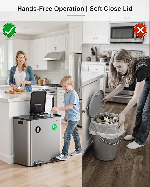 Lovewind 2×11.5 Gallon Dual Trash Can, Stainless Steel Dual Garbage and Recycling Can with Foot Pedal, 90° Stay-Open Lid, Pet-Proof Design – Large Dual Compartment Trash Recycling Bins Kitchen, Silver